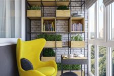 06 a cozy upholstered modern yellow chair with a graphite grey footrest and industrial shelving