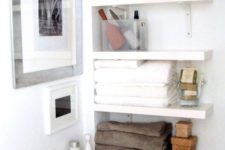 06 open shelves in the bathroom are a great idea even for the tiniest space
