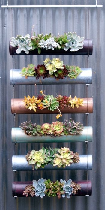 a combo of hanging planters made of PVC pipes is an easy craft