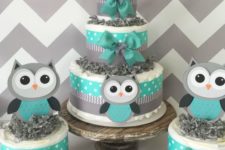 07 a trio of diaper cakes in grey and turquoise for a boy’s baby shower