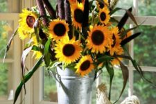 08 a bucket with sunflowers, grass and bulrush