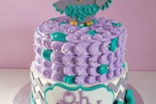 14 cute and bold owl cake in teal and lilac for a gender-neutral baby shower