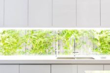 14 minimalist white sleek kitchen cabinets and a long narrow backsplash with the views on the living wall