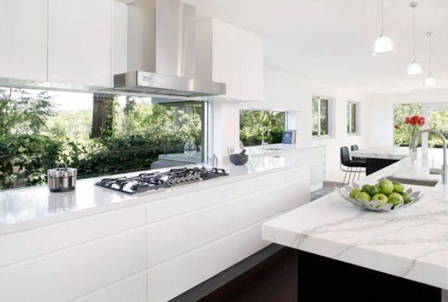 ultra-modern white kitchen with window backsplashes and windows