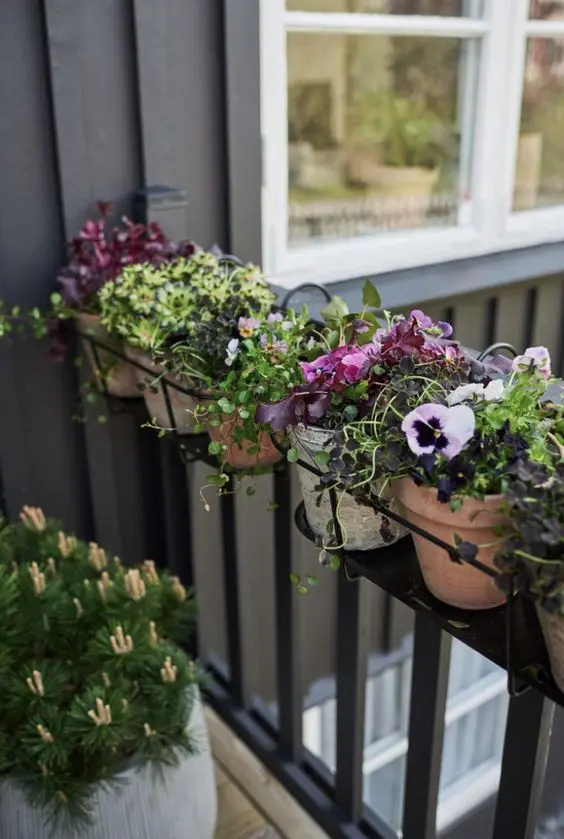 a metal shelf attached to the railing can hold a lot of planters with blooms and greenery is a cool idea for a small space
