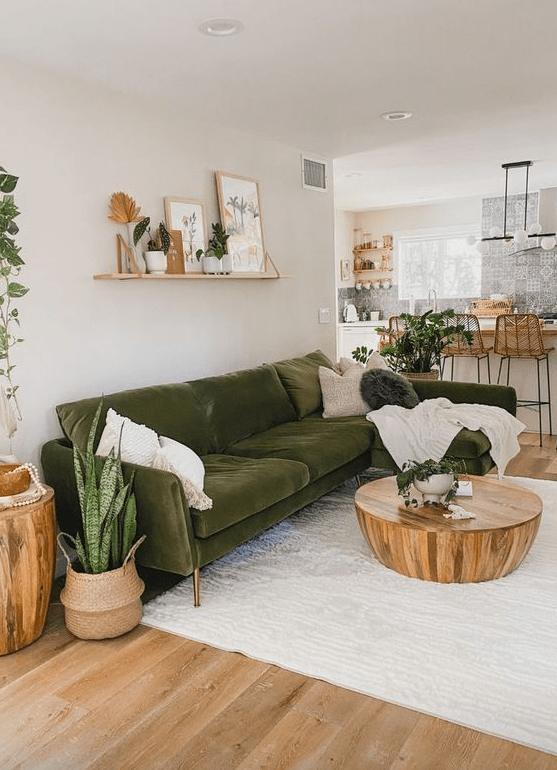 a modern neutral living room with a dark green sofa for an accent, potted plants, a coffee table and a shelf gallery wall