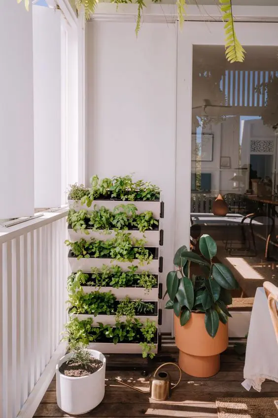 a narrow tiered planter with herbs is a cool idea for a balcony, it won't take any space and will provide you with herbs