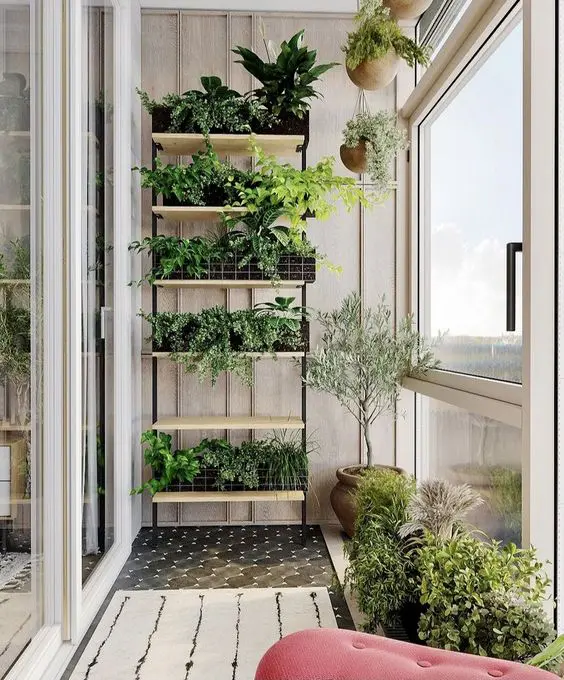 a small narrow shelving unit with planters and hanging ones are a great combo for a neutral balcony