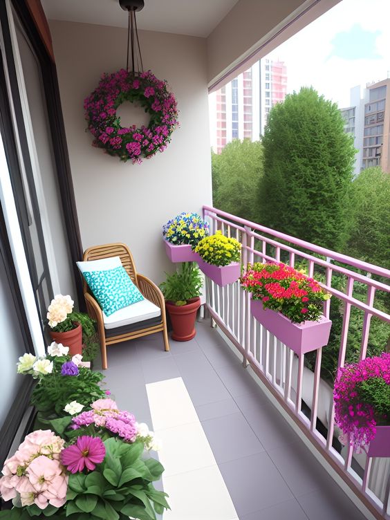 bright pink planters hanging on the railing are great to add color and interest to the space
