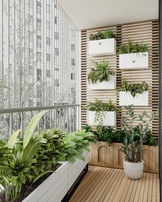 planks on the wall and matching planters attached are a chic way to style a balcony with some greenery without wasting space