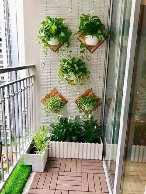 shelves with planters attached are a lovely solution for a modern or Scandinavian balcony