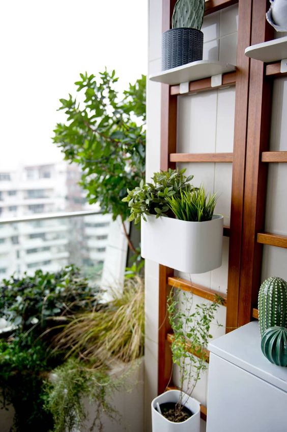 stained ladders with shelves and planters attached is a cool and smart solution for a modern space
