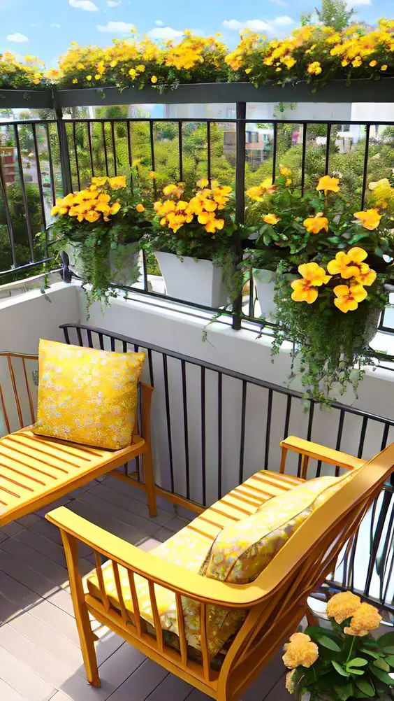 tall railings featuring two rows of planters with blooms are great to style a balcony, they add interest to the spac
