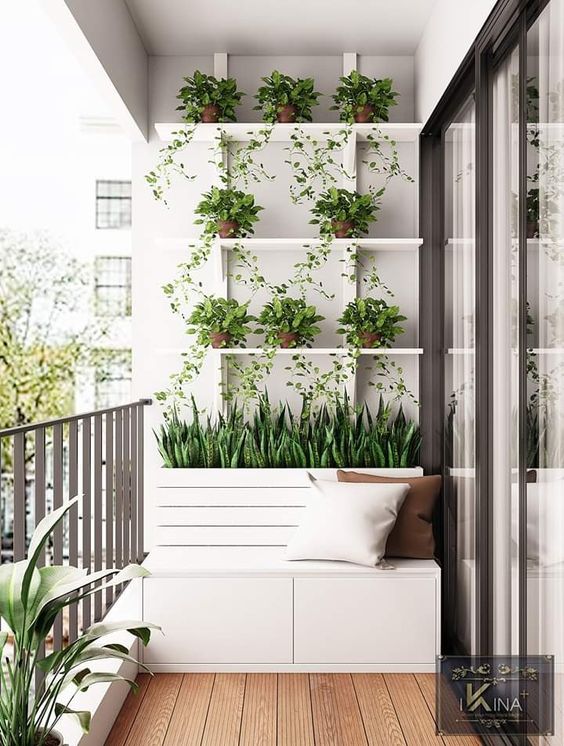 wall-mounted shelves with planters and greenery are a cool vertical garden and it won't take any floor space at all