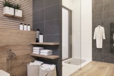 03 light-colored wood effect tiles on the floor and wall plus matching shelves