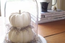 04 a simple white cloche display with pumpkins and hay for a cute Halloween look