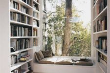 window seat with bookshelves