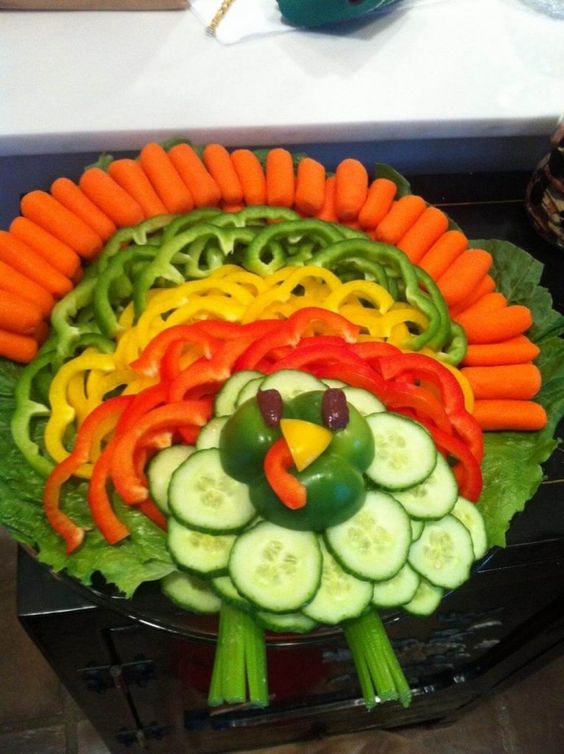 turkey shaped veggie tray can be a centerpiece on the table