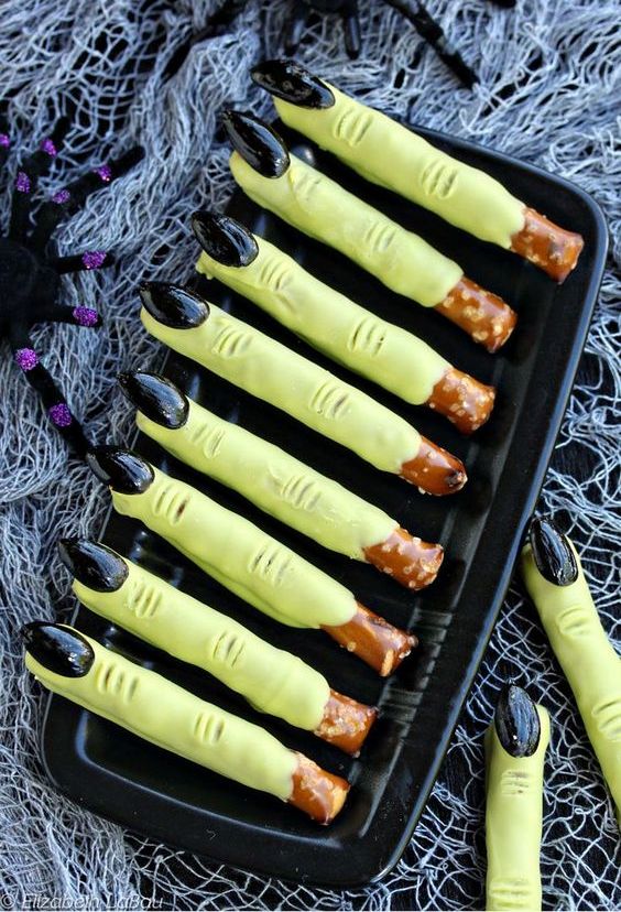 witch finger pretzels for an adult Halloween party