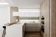 03 light-colored modern kitchen with white cabinets and a light-colroed wood wall with storage and appliances