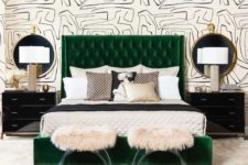 06 an emerald upholstered bed with a diamond upholstery headboard for a bold touch