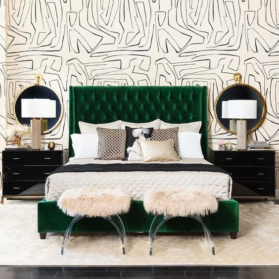 an emerald upholstered bed with a diamond upholstery headboard for a bold touch