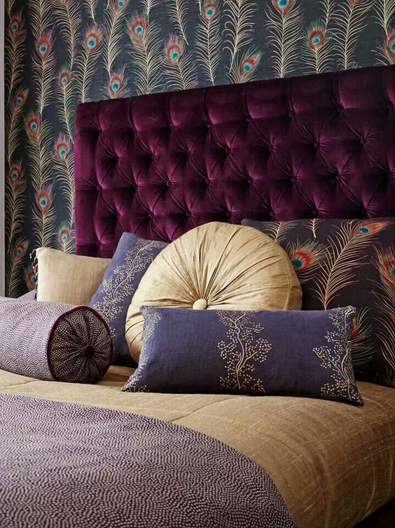 a purple velvet diamond upholstery headboard for an eye-catchy boho bedroom
