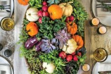 12 a bowl with greenery, succulents, radish, pumpkins and lettuce