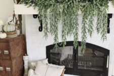 12 a large shabby chic bread bowl, cascading greenery and three white pumpkins are a great idea for a mantel
