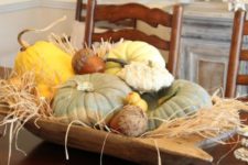 14 a dough bowl with large pumpkins and gourds and faux acorns plus hay