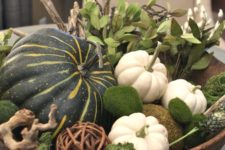 15 a large bowl with white and green pumpkins, moss balls, foliage and driftwood