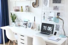 15 an airy Scandinavian space with a double white desk and a row of drawers for both
