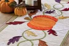 16 an embroidered and applique pumpkin and leaf table runner for Thanksgiving