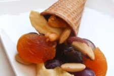 16 an ice cream cone cornucopia filled with nuts and candied fruits to serve dessert at a Thanksgiving party