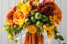 16 yellow, orange and burnt orange blooms, billy balls, carrots, foliage and brussels sprouts