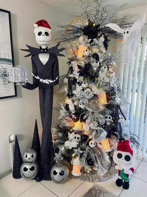 Nightmare Before Christmas decor with a themed tree, Jack Skellington, some lights and silver pumpkins is wow