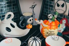 a Nightmare Before Christmas bar with all the themed teaware is a cool idea for Halloween and just for everyday