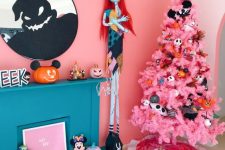 bright Nightmare Before Christmas Halloween decor with Sally, a pink tree with bold ornaments and artwork