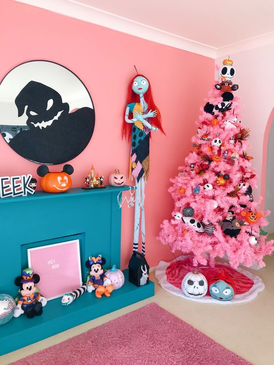bright Nightmare Before Christmas Halloween decor with Sally, a pink tree with bold ornaments and artwork