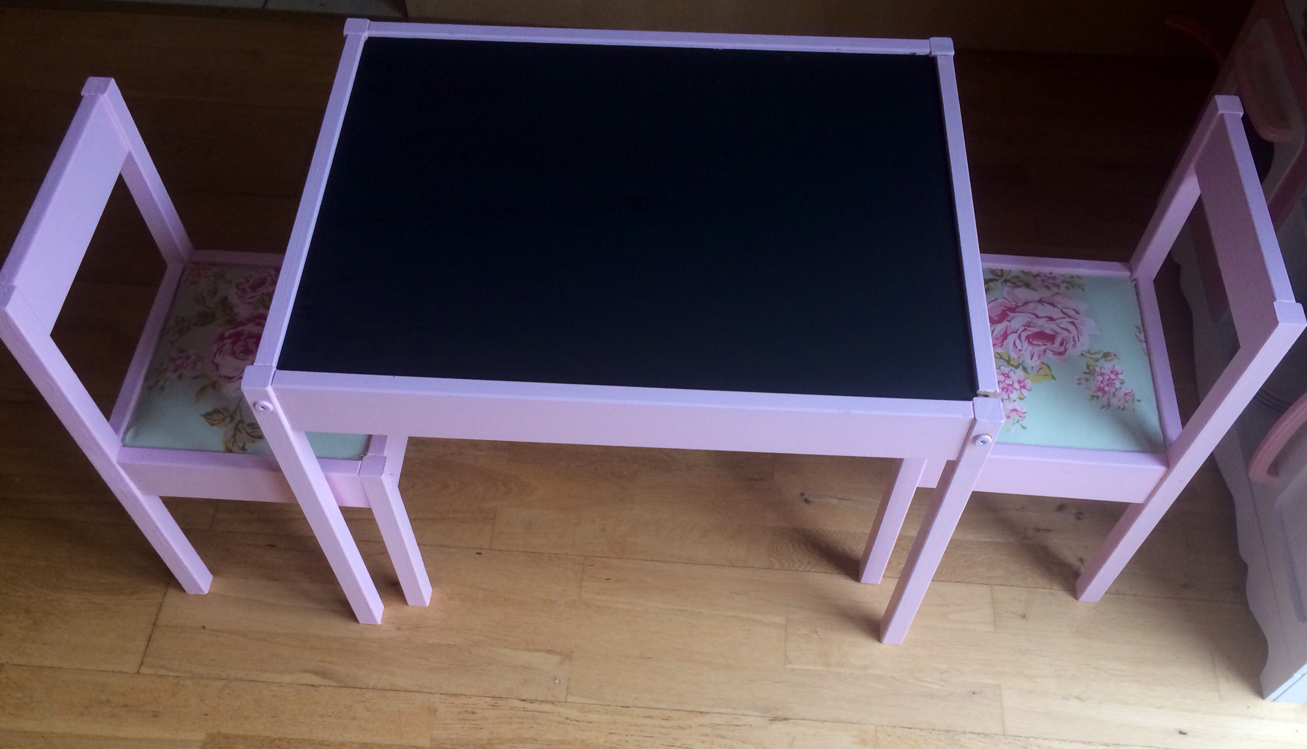 DIY IKEA Latt table into a chalkboard one and floral chairs