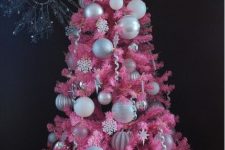 06 a bold pink Christmas tree with snowflakes and large silver ornaments