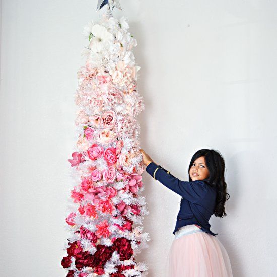 an ombre floral Christmas tree from blush to burgundy for a girl's room