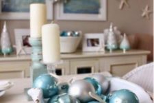 13 a vintage bowl with pearly and turquoise ornaments as a Christmas coastal display