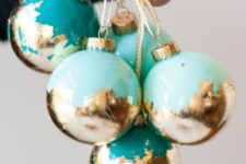 15 turquoise and mint Christmas ornaments with gold leaf look super cool