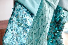 16 turquoise stockings with large sequins and monograms look awesome