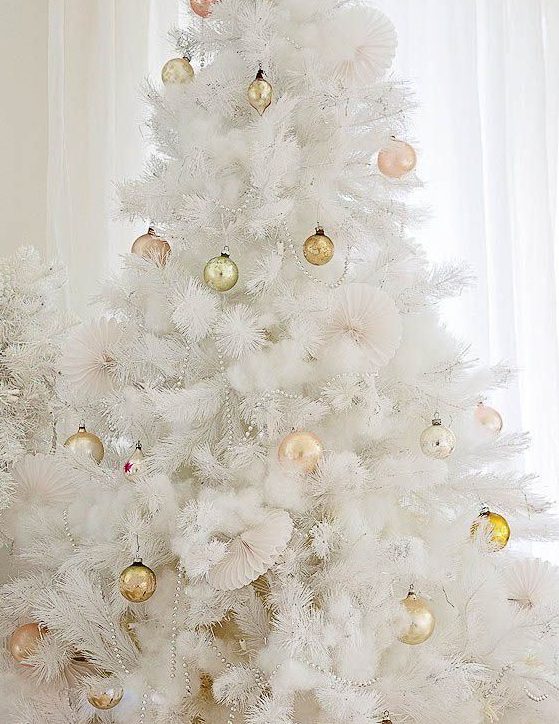 a pure white Christmas tree decorated with beads and gold Christmas ornaments is a very beautiful and stylish idea for holidays