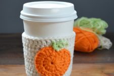 DIY crochet pumpkin coffee cup cozie