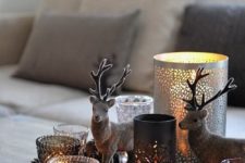07 a tray with pinecones, glass and metal candle holders, deer figurines is easy to recreate