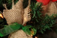 07 simple burlap wrapped ornaments with red and green ribbons