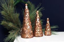 08 a copper penny Christmas tree trio for mantel decor or a windowsill